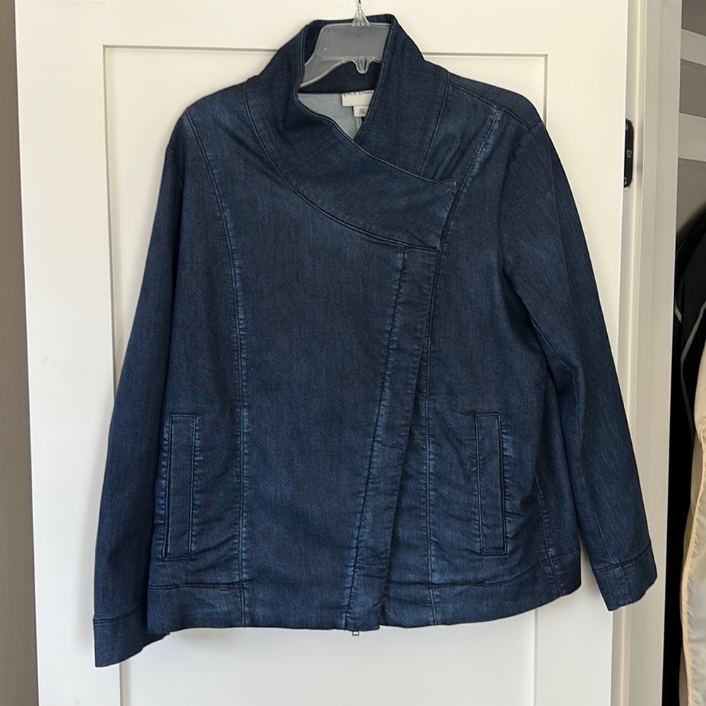 Pure DKNY asymmetrical zip front moto denim jacket